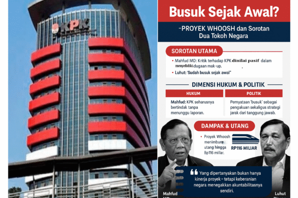 Kata “Busuk” Luhut dan Kritik Mahfud: Siapa yang Bertanggung Jawab atas Proyek Whoosh? MalangTerkini.com — Pernyataan dua tokoh besar negara, Mahfud MD dan Luhut Binsar Pandjaitan, kembali menyorot tajam proyek kereta cepat Jakarta–Bandung (Whoosh). Mahfud mengkritik Komisi Pemberantasan Korupsi (KPK) yang dinilainya pasif, sementara Luhut secara terbuka mengakui bahwa proyek senilai triliunan rupiah itu “sudah busuk sejak awal”. Kedua pernyataan ini memperlihatkan satu hal penting: kereta cepat yang seharusnya jadi simbol kemajuan, justru menjadi cermin retaknya tata kelola proyek strategis nasional. Mahfud: KPK Tak Perlu Menunggu Laporan Melalui akun X (Twitter) pribadinya, @mohmahfudmd, pada 18 Oktober 2025, Mahfud menilai aneh langkah KPK yang meminta dirinya membuat laporan resmi atas dugaan mark up proyek Whoosh. “Agak aneh ini, KPK meminta saya melapor tentang dugaan mark up Whoosh. Dalam hukum pidana, jika ada informasi tentang dugaan peristiwa pidana mestinya aparat penegak hukum langsung menyelidiki, bukan minta laporan,” tulis Mahfud. Menurut Mahfud, dengan begitu banyak informasi publik dan audit yang terbuka, KPK seharusnya bisa langsung bertindak, bukan bersikap pasif. Pernyataan itu memantik sorotan terhadap menurunnya keberanian lembaga antirasuah di tengah kasus besar yang bersentuhan dengan proyek infrastruktur raksasa. Luhut: “Sudah Busuk Sejak Awal” Sementara itu, Luhut Binsar Pandjaitan dalam wawancara yang diunggah ke kanal media daring mengakui kondisi proyek Whoosh kini membebani keuangan negara dan menimbulkan utang hingga Rp116 miliar. Namun kalimat yang paling menyita perhatian publik adalah ketika Luhut mengatakan, “proyek ini sudah busuk sejak awal.” Makna Politik di Balik Kata “Busuk” Ucapan itu bukan sekadar keluhan teknis, tetapi pernyataan politik yang memiliki dua dimensi strategis: Pengakuan kegagalan besar proyek nasional. Kalimat “busuk sejak awal” memperkuat kesan bahwa dari tahap perencanaan hingga pembiayaan, proyek ini memang bermasalah — baik dalam aspek manajemen, pengawasan, maupun transparansi. Strategi menjaga jarak dari tanggung jawab langsung. Dengan menyebut “sudah busuk sejak awal”, Luhut secara halus menempatkan dirinya bukan sebagai penyebab, melainkan sebagai pihak yang menemukan kerusakan lama. Ini bisa dibaca sebagai upaya framing politik untuk mengalihkan beban kesalahan kepada struktur atau aktor sebelumnya. Kesan Publik dan Pesan Moral Gabungan pernyataan Mahfud dan Luhut memperlihatkan dua sisi dari realitas proyek Whoosh: Dari sisi hukum, Mahfud menegaskan perlunya tindakan proaktif dari KPK. Dari sisi politik, Luhut membuka pengakuan bahwa proyek itu cacat sejak perencanaan. Keduanya sama-sama menyingkap krisis transparansi yang sudah lama dikritik publik. Kini, proyek yang dahulu digadang-gadang sebagai simbol modernisasi justru menjadi tolok ukur baru seberapa jauh integritas birokrasi diuji. Penutup Ketika seorang menteri senior mengatakan “sudah busuk sejak awal” dan seorang mantan Menko Polhukam menyerukan agar KPK tidak menunggu laporan, maka yang sedang dipertanyakan bukan hanya kinerja proyek — tetapi keberanian negara menegakkan akuntabilitasnya sendiri. Apakah kamu ingin saya bantu buatkan versi visual infografiknya (vertikal, tone merah–biru–putih) untuk naskah ini begitu limit gambar kamu kembali aktif nanti?