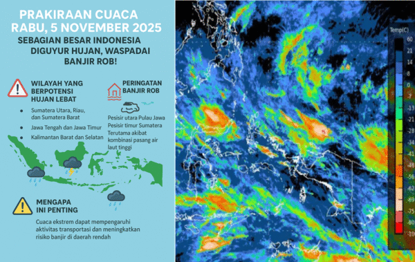 Prakiraan Cuaca Rabu, 5 November 2025: Sebagian Besar Indonesia Diguyur Hujan, Waspadai Banjir Rob!