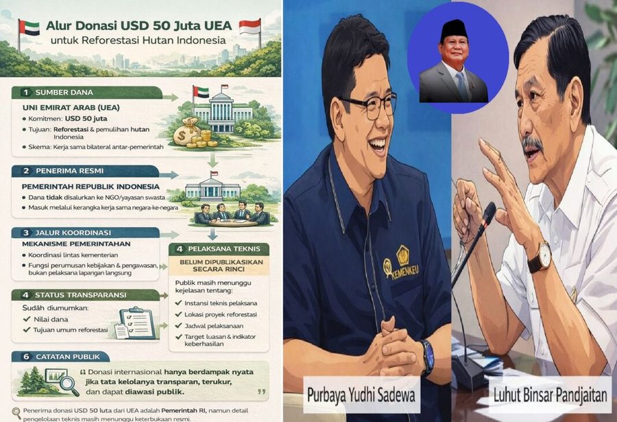 Donasi USD 50 Juta dari UEA untuk Hutan Indonesia Dipertanyakan Purbaya